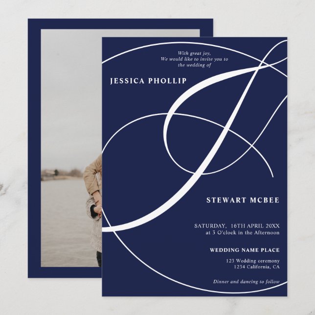 Invitación Boda de caligrafía fotográfica azul marino de guió (Anverso / Reverso)