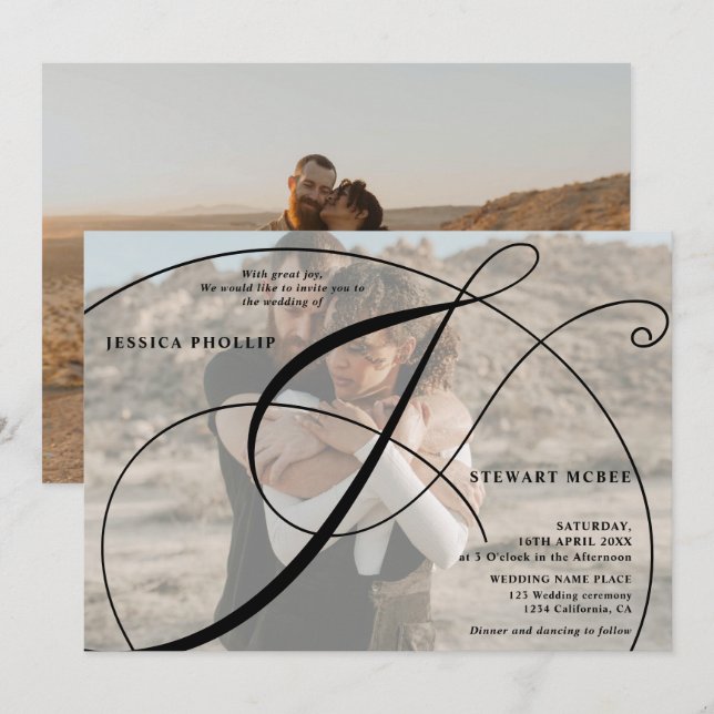 Invitación Boda de caligrafía fotográfica en blanco negro (Anverso / Reverso)