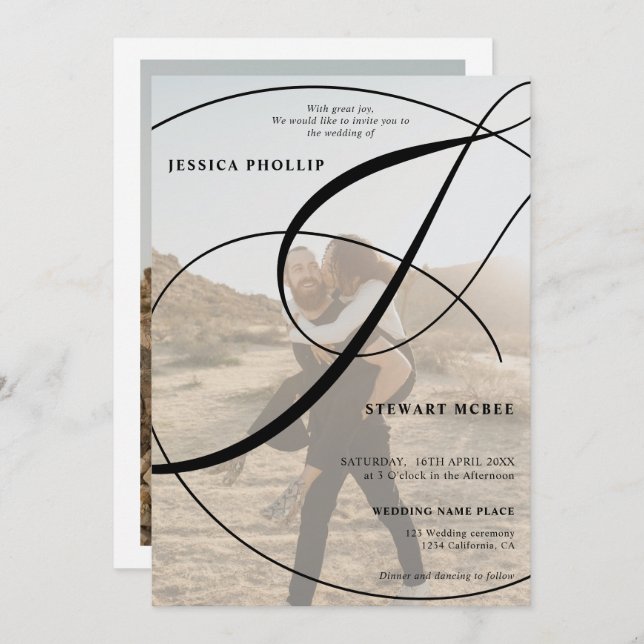 Invitación Boda de caligrafía fotográfica en blanco negro (Anverso / Reverso)