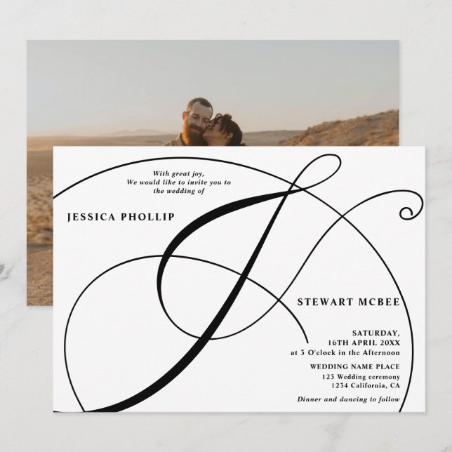 Invitación Boda de caligrafía fotográfica en blanco negro (Anverso / Reverso)