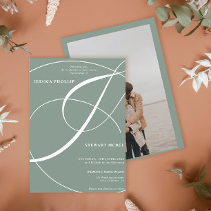 Invitación Boda de caligrafía fotográfica verde de sabio manu