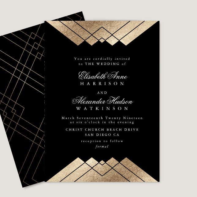 Invitación Boda de caligrafía geométrica de oro negro (Subido por el creador)
