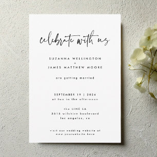 Invitación Boda de caligrafía geométrica mínima en blanco neg