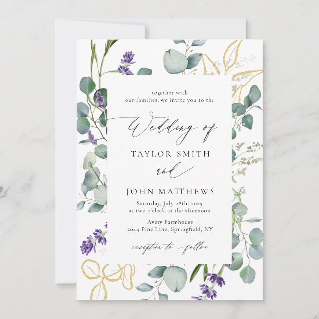 Invitación Boda de caligrafía Gold Eucalyptus Lavender (Anverso)