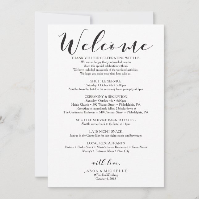 Invitación Boda de caligrafía Itinerario - Bienvenida Boda (Anverso)