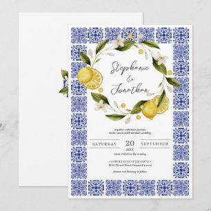 Invitación Boda de caligrafía limón de color azul de Italia