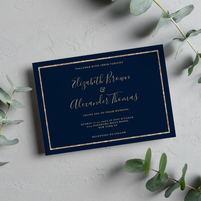 Invitación Boda de caligrafía manuscrita de oro azul marino (Navy blue gold handwritten calligraphy wedding)