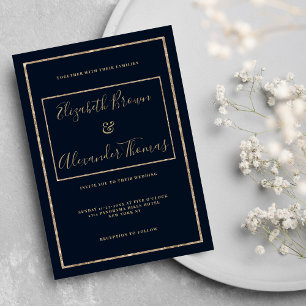 Invitación Boda de caligrafía manuscrita de oro azul marino