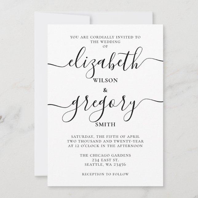 Invitación Boda de caligrafía manuscrita en blanco y negro (Anverso)