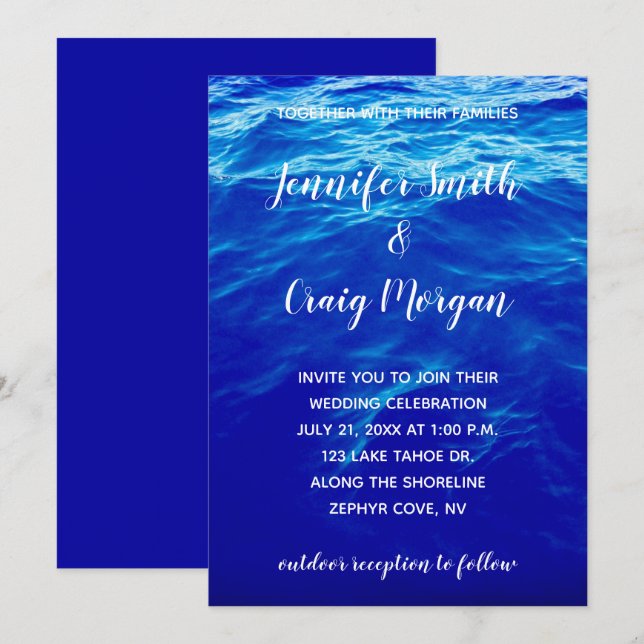 Invitación Boda de Caligrafía Moderna Blue Water Photo (Anverso / Reverso)