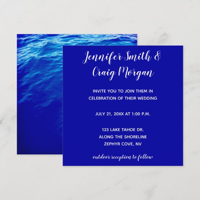 Invitación Boda de caligrafía moderna con agua azul (Anverso / Reverso)