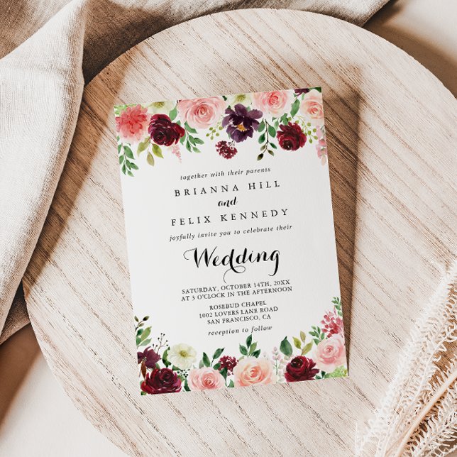 Invitación Boda de caligrafía moderna con flores de primavera (Subido por el creador)