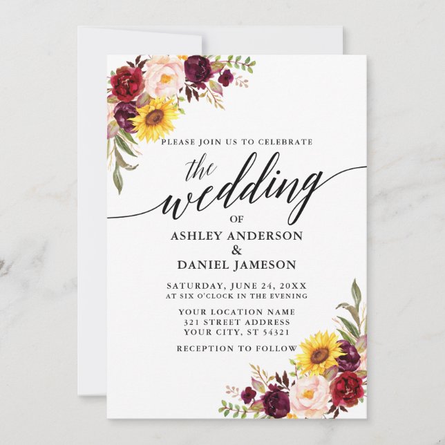 Invitación Boda de caligrafía moderna de acuarela mixta flora (Anverso)