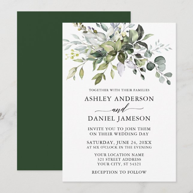 Invitación Boda de caligrafía moderna de acuarela verde (Anverso / Reverso)