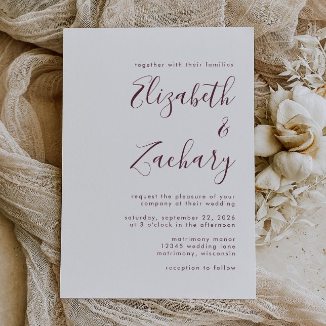 Invitación Boda de caligrafía moderna de Borgoña (Subido por el creador)
