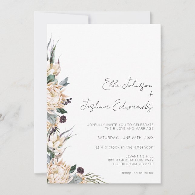 Invitación Boda de caligrafía moderna de King White Protea  (Anverso)