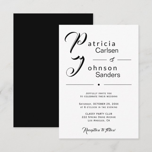 Invitación Boda de caligrafía moderna en blanco y negro (Anverso / Reverso)