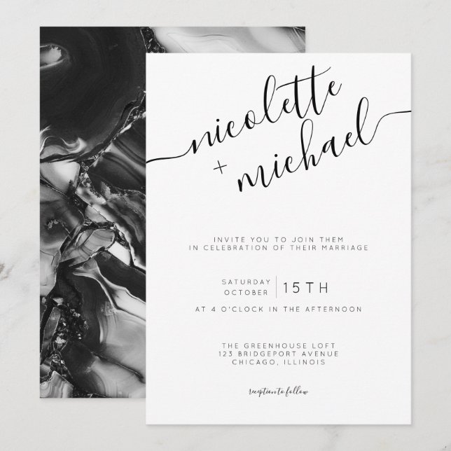 Invitación Boda de caligrafía moderna en blanco y negro (Anverso / Reverso)