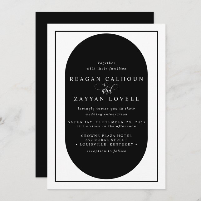 Invitación Boda de caligrafía moderna en blanco y negro (Anverso / Reverso)