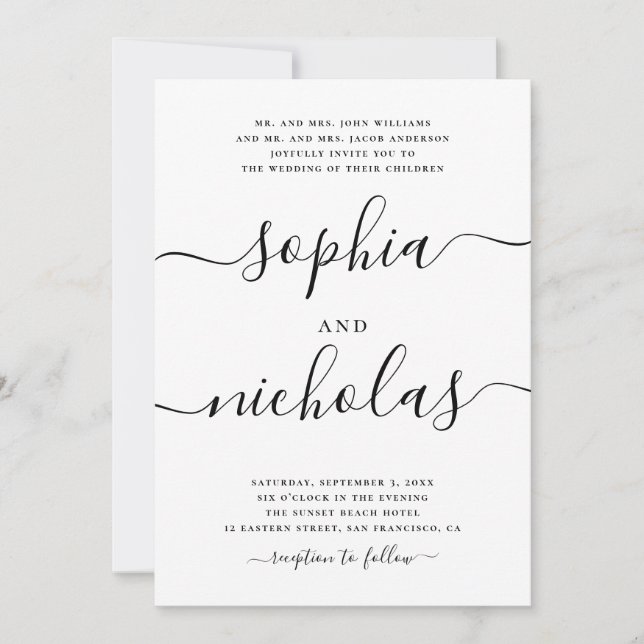 Invitación Boda de Caligrafía Moderna en Blanco y Negro - Ele (Anverso)