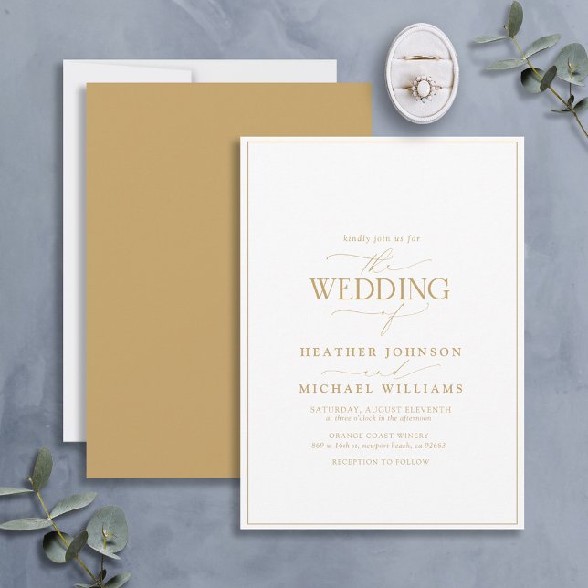 Invitación Boda de caligrafía moderna en blanco y oro (Subido por el creador)