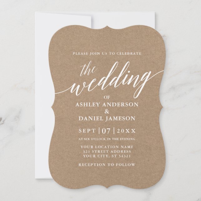 Invitación Boda de caligrafía moderna Kraft (Anverso)