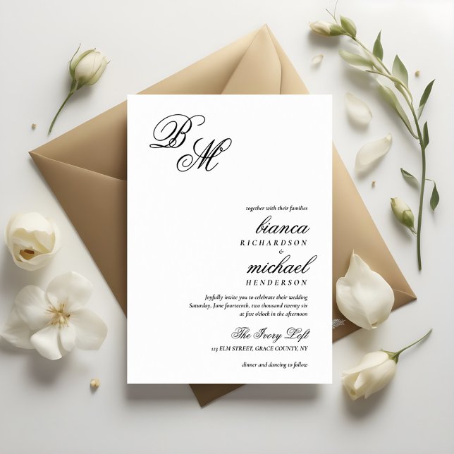 Invitación Boda de caligrafía monográfica simple y elegante (Subido por el creador)