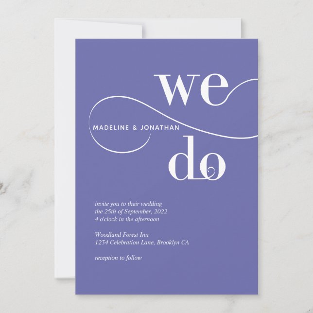 Invitación Boda de caligrafía morado minimalista (Anverso)