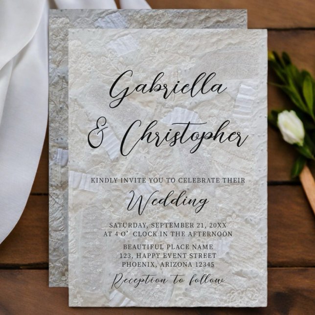 Invitación Boda de caligrafía negra con patrón de crema blanc (Subido por el creador)