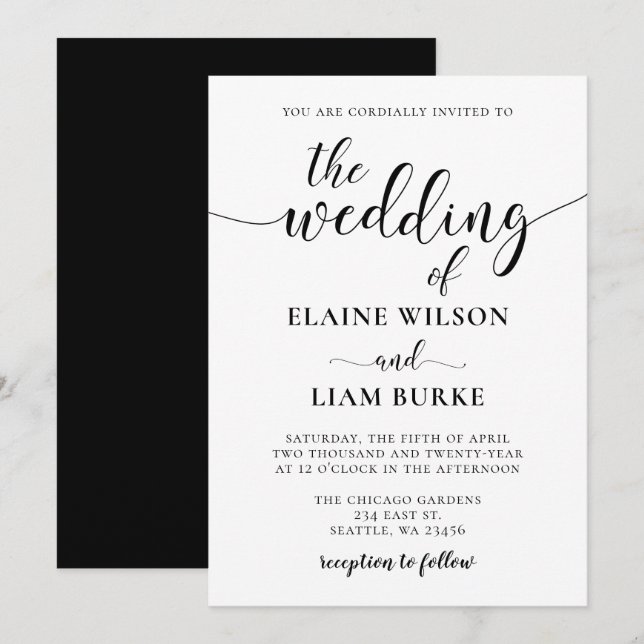 Invitación Boda de caligrafía negra y blanca (Anverso / Reverso)