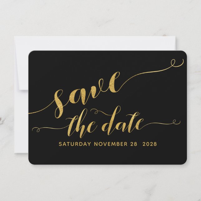 Invitación Boda de caligrafía negra y dorada salva la fecha (Anverso)