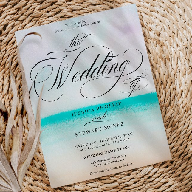Invitación Boda de caligrafía oscura de la playa turquesa tro (Tropical turquoise beach ombre calligraphy wedding invitation)