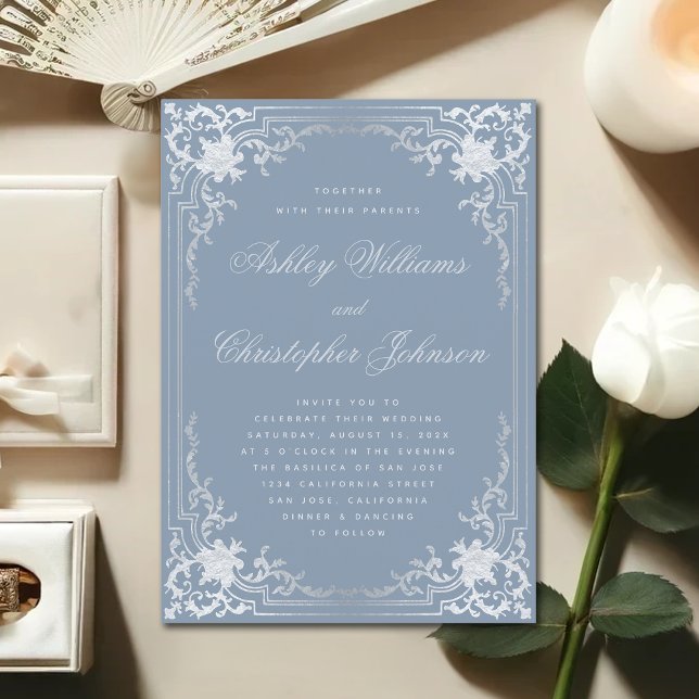 Invitación Boda de caligrafía plateada de Dusty Blue Faux (Subido por el creador)