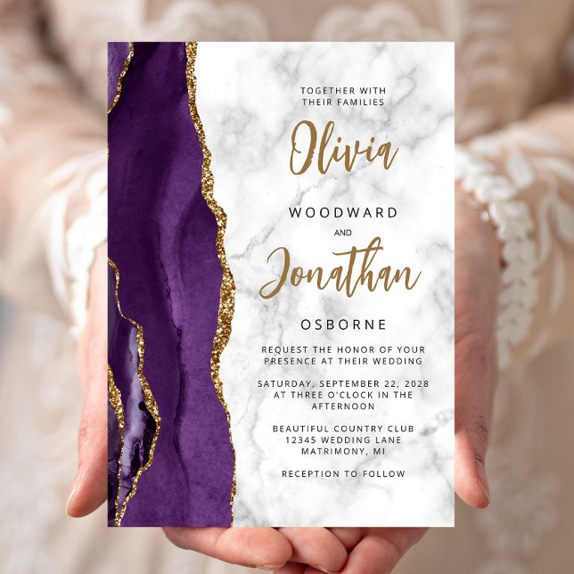 Invitación Boda de caligrafía Purple Gold Marble Agate (Subido por el creador)