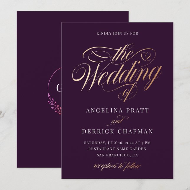 Invitación Boda de caligrafía púrpura simple Gold Modern (Anverso / Reverso)