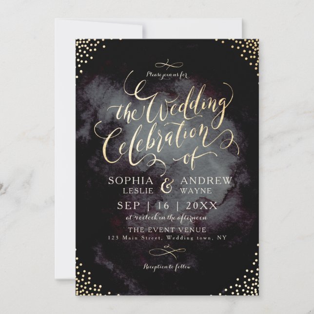 Invitación Boda de caligrafía purpurina de oro negro Glam (Anverso)