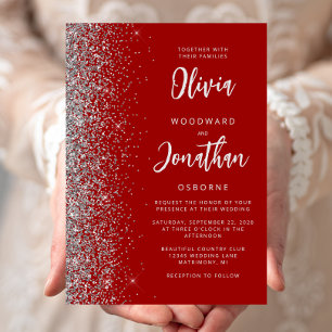 Invitación Boda de Caligrafía Rojo Carmesí Plateado Brillante