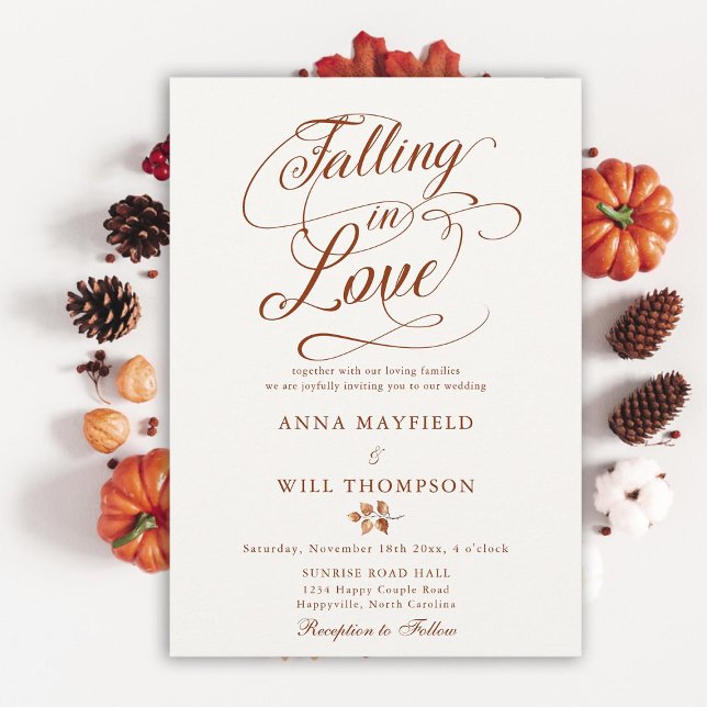 Invitación Boda de caligrafía romántica en la hoja de amor (falling in love wedding invitation autumn leaves terracotta romantic calligraphy elegant boho rustic)