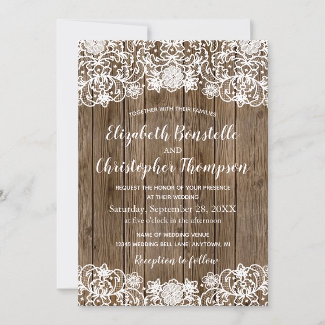 Invitación Boda de caligrafía Rustic Barn Wood Lace (Anverso)