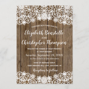 Invitación Boda de caligrafía Rustic Barn Wood Lace