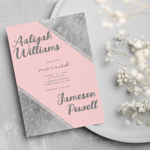 Invitación Boda de caligrafía script con brillo de plata rosa