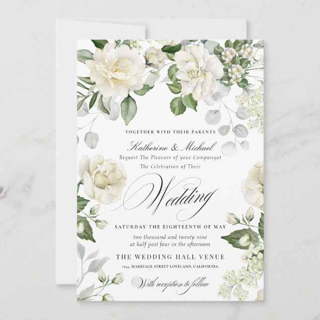 Invitación Boda de caligrafía script floral cremosa de eucali (Anverso)