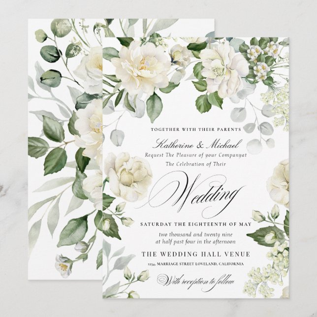 Invitación Boda de caligrafía script floral eucalipto cremoso (Anverso / Reverso)
