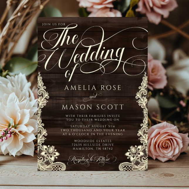 Invitación Boda de Caligrafía Script Rústica con Encaje y Mad (Rustic Lace and Wood Script Calligraphy Wedding Invitation)