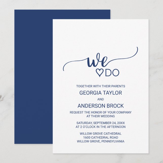 Invitación Boda de caligrafía simple azul de la marina "Lo ha (Anverso / Reverso)