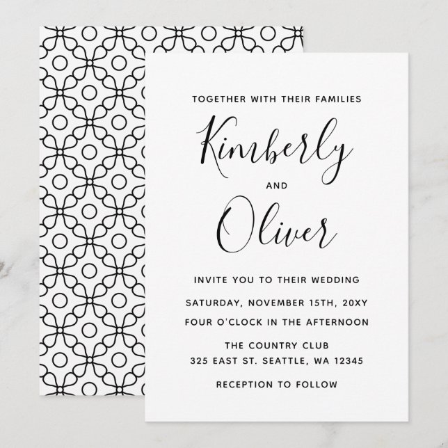 Invitación Boda de caligrafía simple y mínima en blanco y neg (Anverso / Reverso)