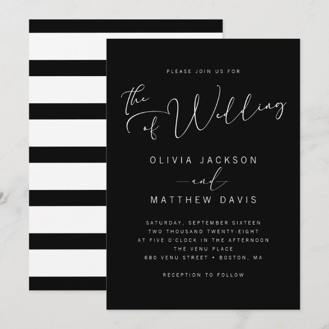 Invitación Boda de caligrafía simple y moderna en blanco y ne (Anverso / Reverso)