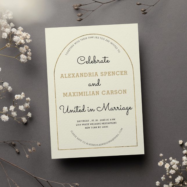 Invitación Boda de caligrafía singular y lúdico de oro de mar (Ivory gold playful unique calligraphy wedding)