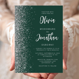 Invitación Boda de Caligrafía Verde Esmeralda Plateado Brilla