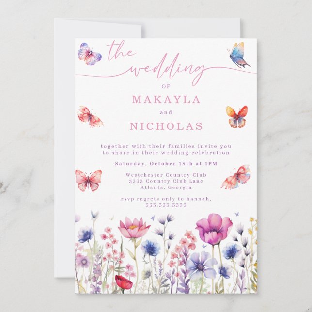 Invitación Boda de calligraphie de mariposas de flores silves (Anverso)